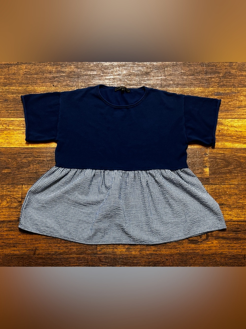Navy Short Sleeve Peplum Tee with Gingham Skirt Panel